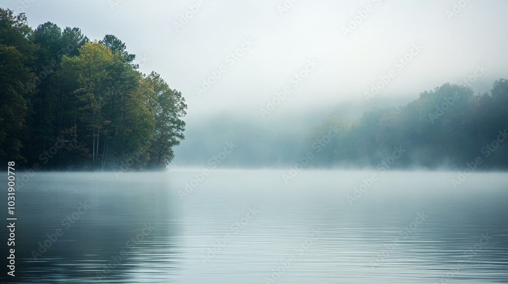 Fototapeta premium Misty Lake Surrounded by Lush Evergreen Trees in the Tranquil Early Morning