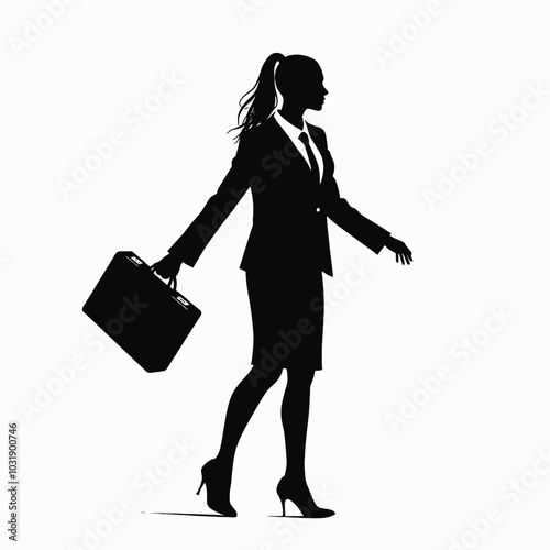 a black and white silhouette of a woman in a business suit. She is standing with her left arm stretched out to the side and her right hand holding a briefcase 