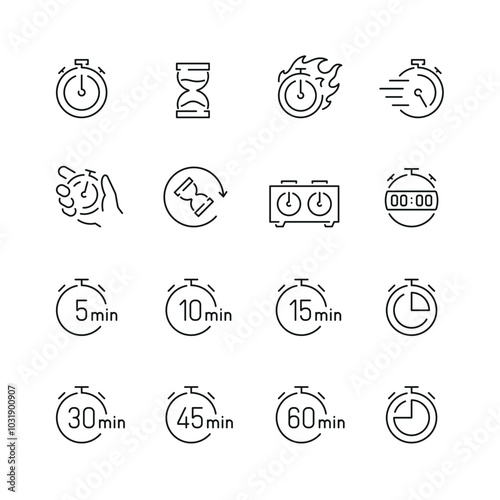 Vector line set of icons related with timer. Contains monochrome icons like stopwatch, sandglass, time, speed and more. Simple outline sign.