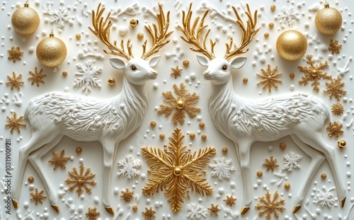 The top view of a Christmas decoration made out of Christmas balls, snowflakes, and reindeer against a white background.