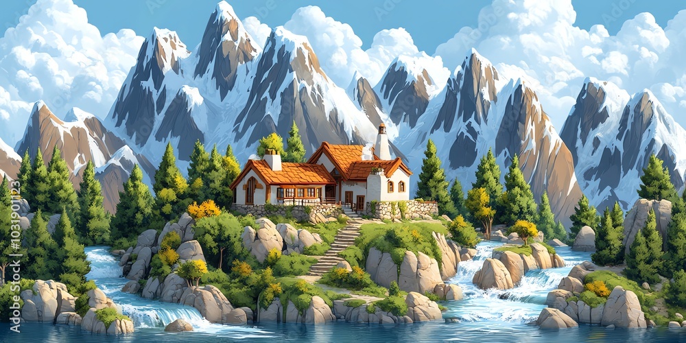 Fototapeta premium A picturesque mountain landscape with a charming cottage nestled amongst the peaks and a cascading river flowing through the foreground.