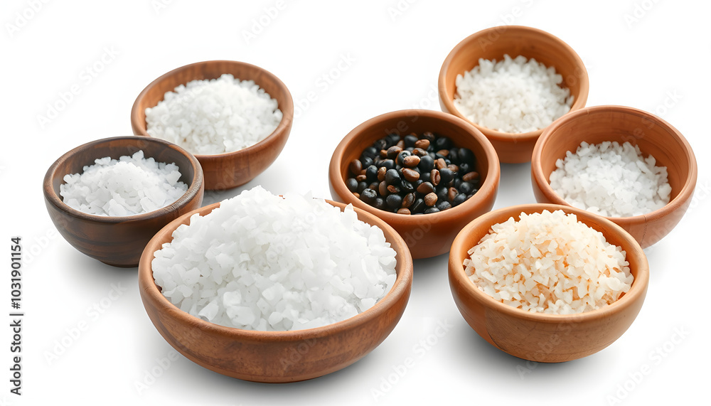 Different sea salt in bowls isolated on white isolated with white highlights, png Different sea salt in bowls isolated on white isolated with white highlights, png