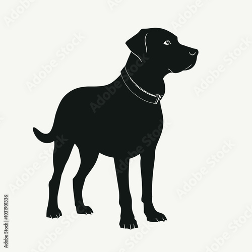 a black silhouette of a dog standing on a white background. The dog is facing towards the right side of the image and appears to be a Labrador Retriever 