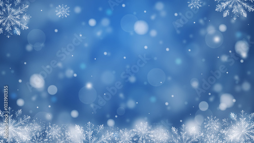 Abstract blue snowflake background with delicate snowflakes and a bokeh effect. 
