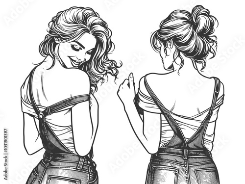 Playful smiling beautiful young woman in denim overalls unbuttoning one strap with a flirty smile sketch engraving generative ai vector illustration. Scratch board imitation. Black and white image.