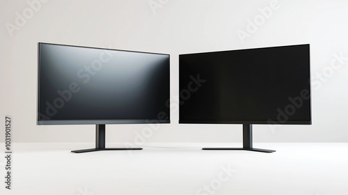 Pc displays mockups in empty light room. Computer equipment for business and entertainment template advertising image. Digital displays mock up in store product photorealistic