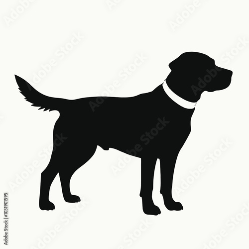 a black silhouette of a dog standing on a white background. The dog is facing towards the right side of the image and appears to be a Labrador Retriever 
