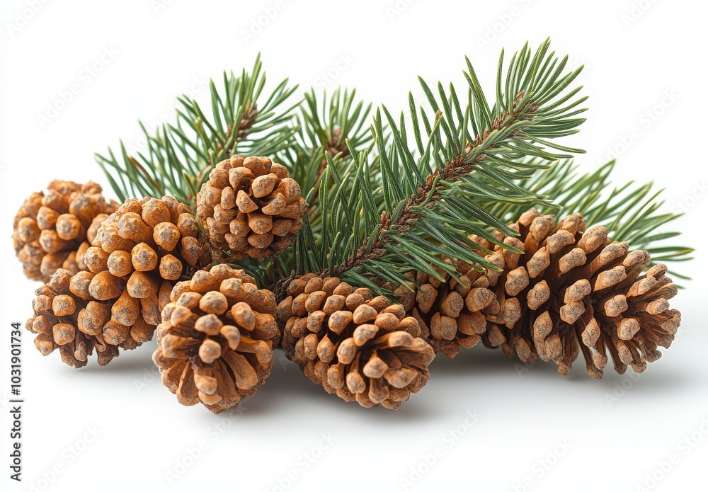 On a transparent background, a branch of a pine fir with a cone On a transparent background, a branch of a pine fir with a cone