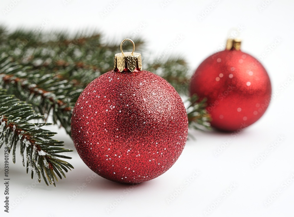 On a white background, a green spruce tree is surrounded by a red shiny toy. Merry Christmas and a happy new year. On a white background, a green spruce tree is surrounded by a red shiny toy. Merry Christmas and a happy new year.