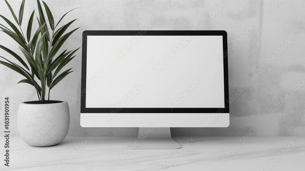 Exotic plant in pot and computer display mockup. Modern office decor with pc monitor template advertising image. Employee workplace digital screen mock up product photorealistic Exotic plant in pot and computer display mockup. Modern office decor with pc monitor template advertising image. Employee workplace digital screen mock up product photorealistic