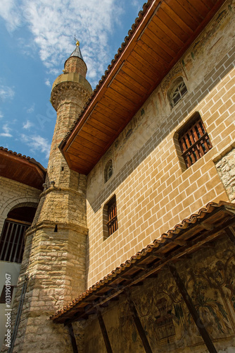 The minaret of Bachelor's Mosque in the Mangalem quarter of Berat, south Albania. This early 19th century Ottoman mosque is a Cultural Monument and is situated in the UNESCO World Heritage Site area