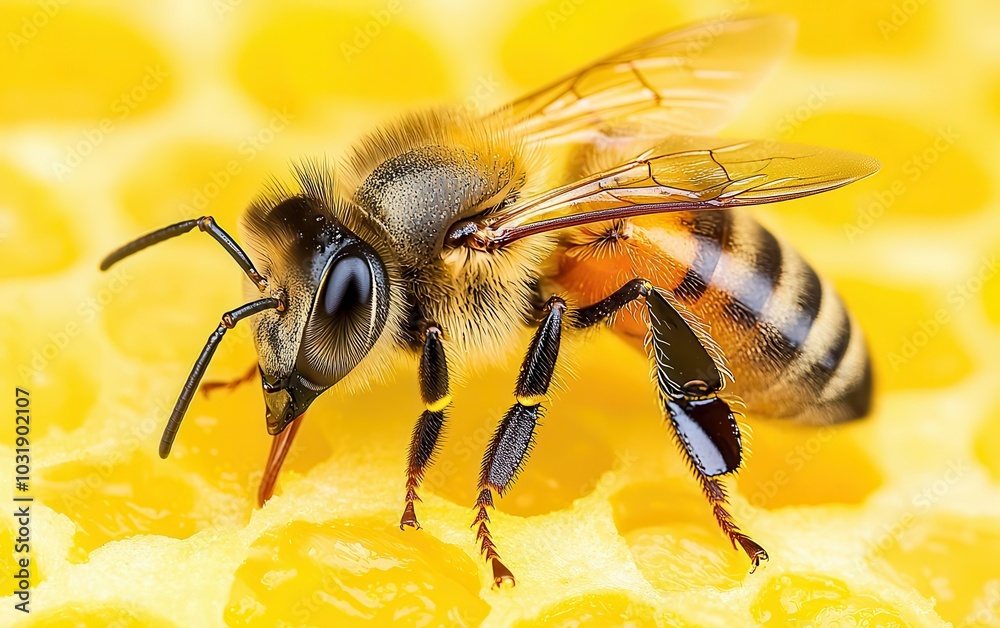 Honeybee resting on a lemon peel, nature in harmony, honey lemon, macro photography of insects Honeybee resting on a lemon peel, nature in harmony, honey lemon, macro photography of insects
