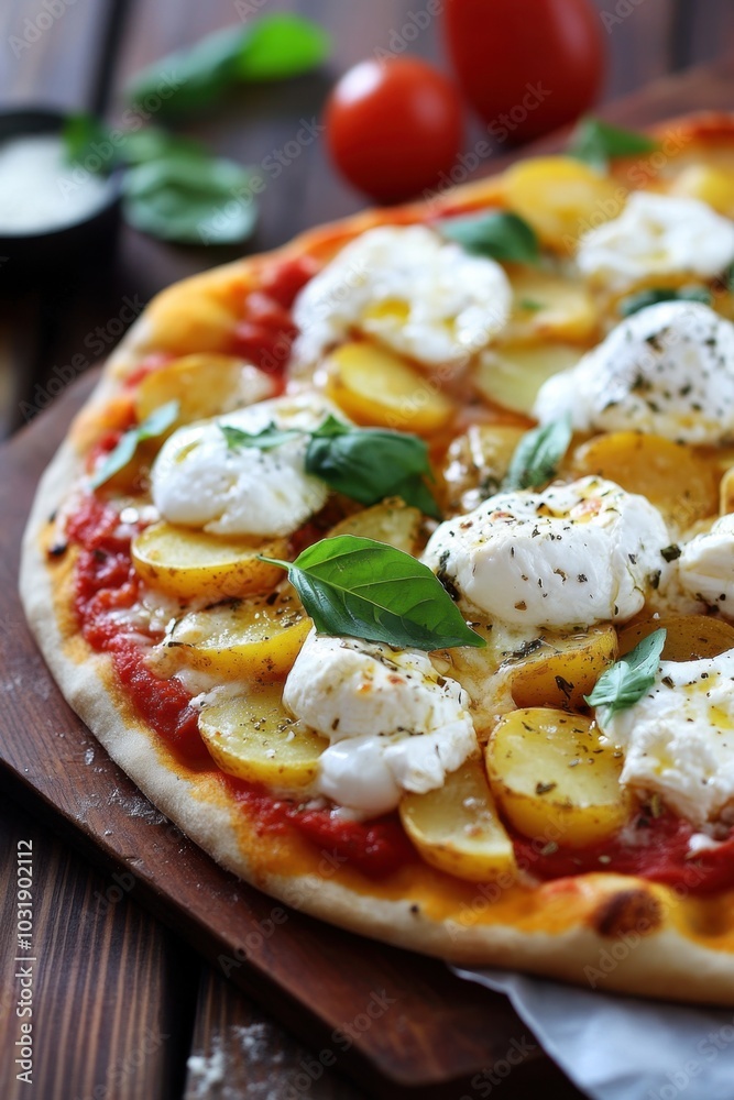 Homemade Potato and Mozzarella Pizza with Fresh Basil. Potato and Burrata Pizza Homemade Potato and Mozzarella Pizza with Fresh Basil. Potato and Burrata Pizza