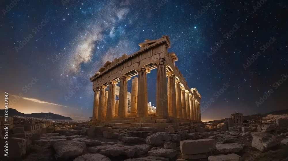 Fototapeta premium The Parthenon in Athens, Greece, at night with the Milky Way galaxy visible in the sky.