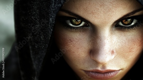  A tight shot of a woman's face, adorned with freckled hair and expressive freckled eyes