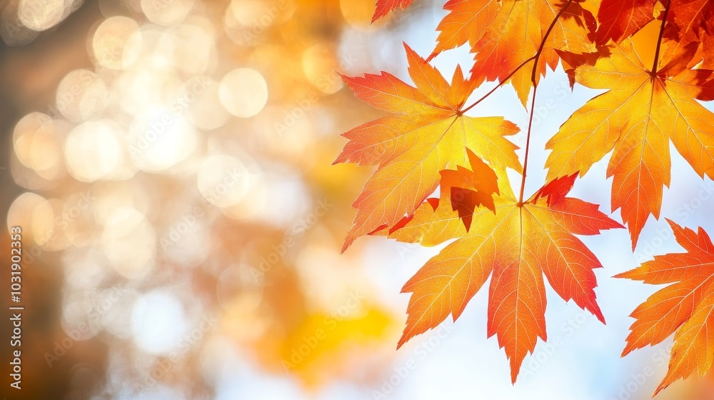 Golden Autumn. Sunlight Shines Through Vivid Orange Japanese Maple Leaves on Blurred Background Golden Autumn. Sunlight Shines Through Vivid Orange Japanese Maple Leaves on Blurred Background