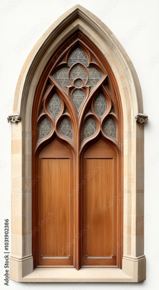 Obraz premium Arched Wooden Window with Glass Panes on a White Background