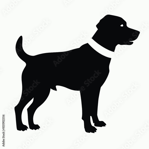 a black silhouette of a dog standing on a white background. The dog is facing towards the right side of the image and appears to be a Labrador Retriever 