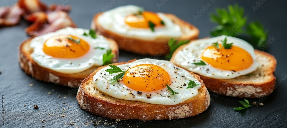 Delicious breakfast or brunch. Tasty sunny side up fried eggs with parsley on crunchy toasts., Delicious breakfast or brunch. Tasty sunny side up fried eggs with parsley on crunchy toasts.,
