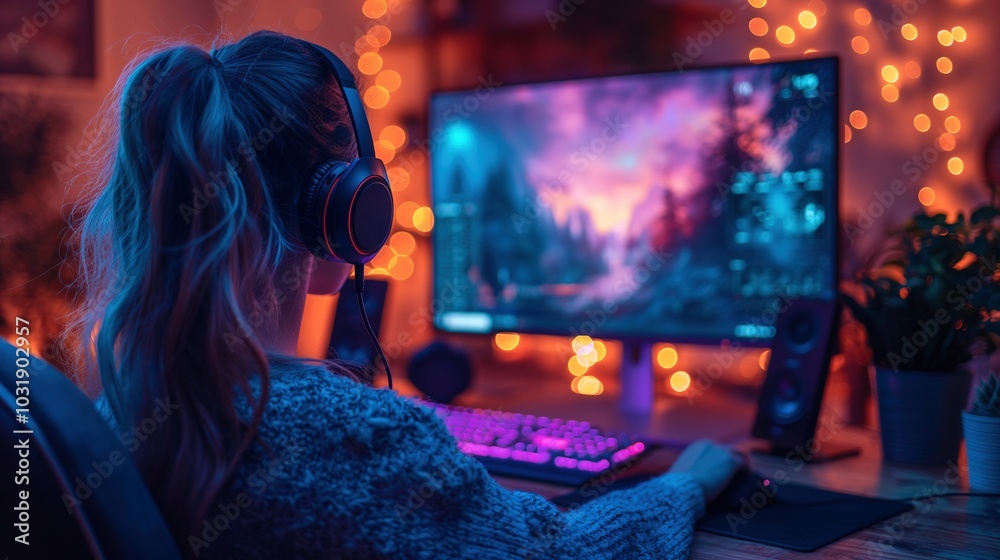 Woman playing videogame on computer image. Female enjoying gaming on powerful pc at home photography scene wallpaper. E sport internet technology concept photorealistic photo