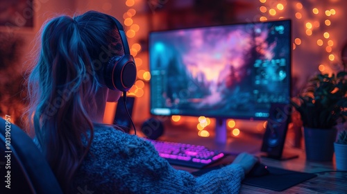 Obraz na płótnie Woman playing videogame on computer image. Female enjoying gaming on powerful pc at home photography scene wallpaper. E sport internet technology concept photorealistic photo w salonie