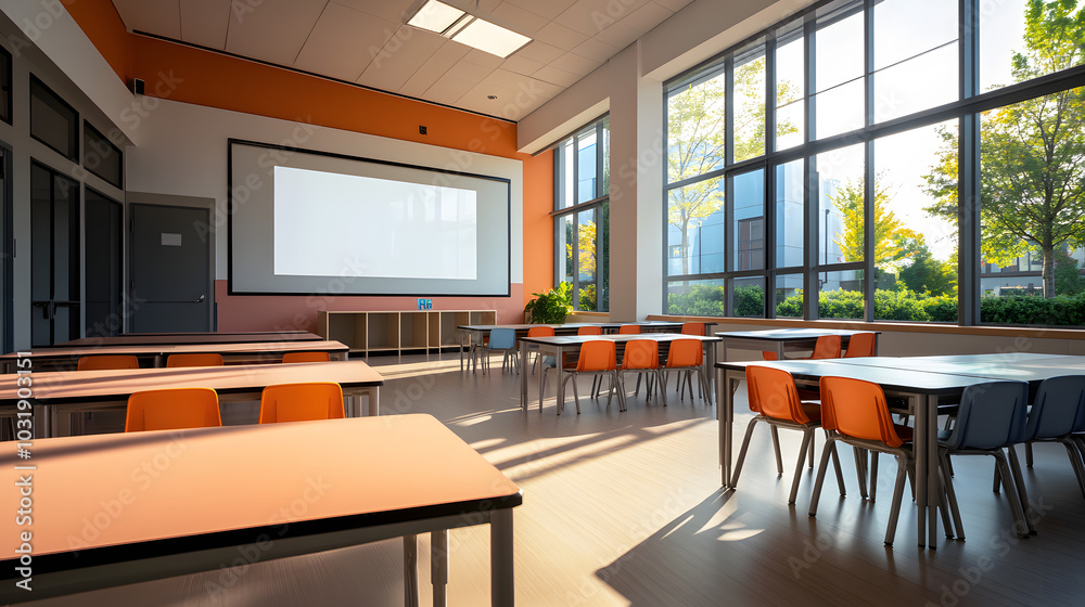 Fototapeta premium Modern Classroom Interior with Empty Desks and Projector Screen