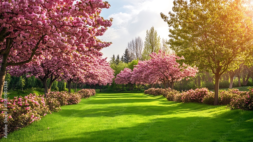 Naklejka premium Cherry Blossom Lined Path in a Spring Garden