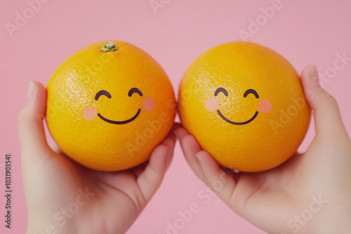 Two oranges with smiling faces held in hands against a pink background
 photo