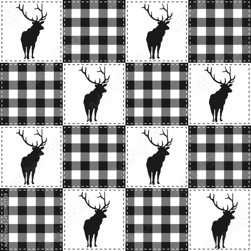 Black and White Christmas Patchwork Checkered Plaid Quilt Seamless Pattern