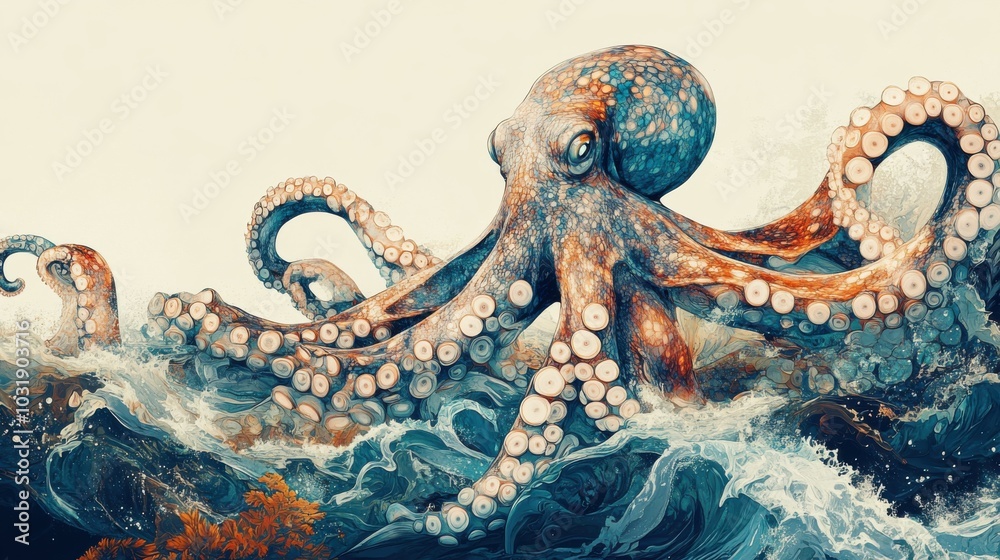 Fototapeta premium A stylized yet realistic illustration of an octopus entangled in seaweed, with fine details in its tentacles, and wide open copy space in the water and foreground