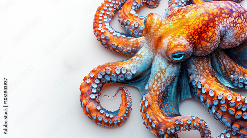 A highly detailed, realistic illustration of an octopus with intricate tentacles swirling, placed on a clean white background with ample copy space around the creature for text or design elements A highly detailed, realistic illustration of an octopus with intricate tentacles swirling, placed on a clean white background with ample copy space around the creature for text or design elements