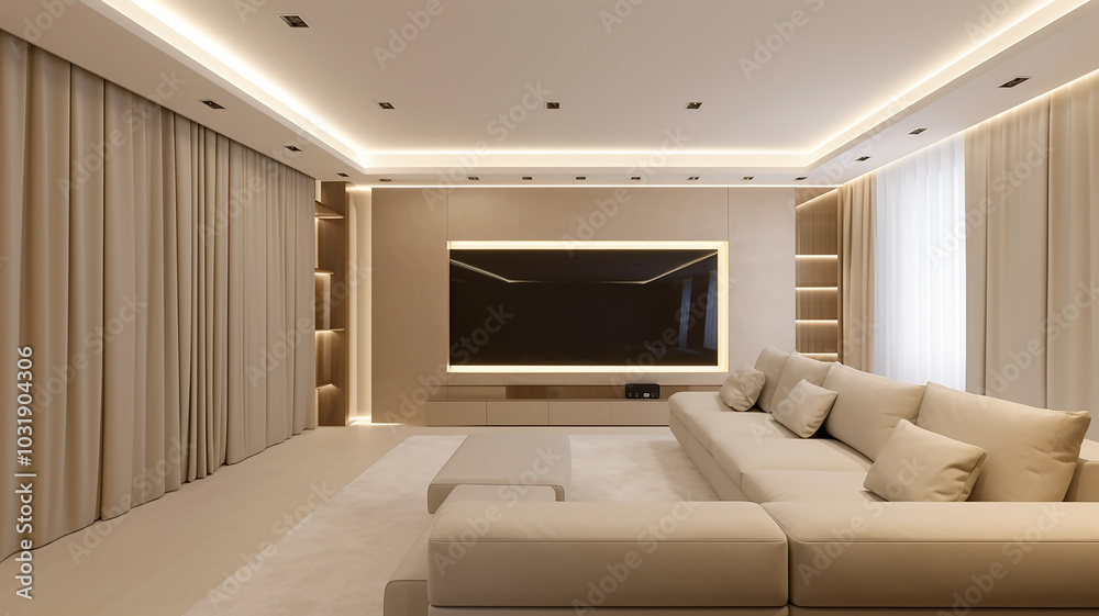A comfortable light room with a home cinema, a large screen in a modern interior design A comfortable light room with a home cinema, a large screen in a modern interior design