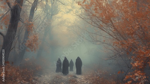 A diverse group of individuals is walking through a foggy forest