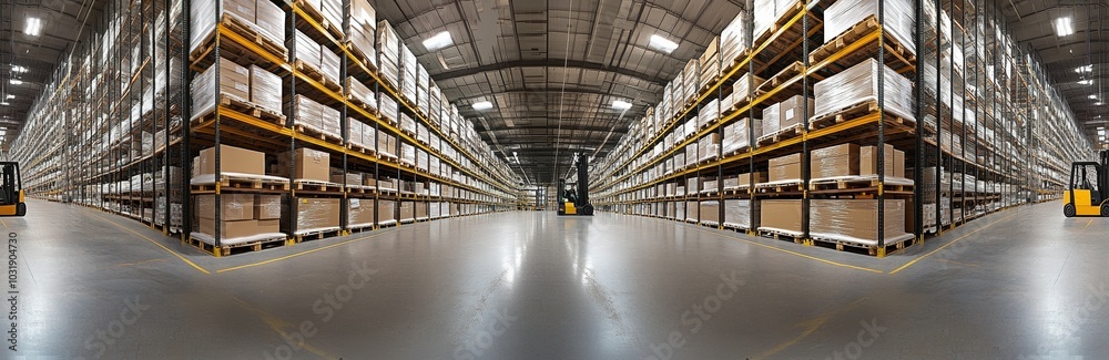 Panoramic view of an industrial warehouse with high shelves, neatly arranged boxes, forklifts in motion, and bright lighting, showcasing storage technology and interior design. Panoramic view of an industrial warehouse with high shelves, neatly arranged boxes, forklifts in motion, and bright lighting, showcasing storage technology and interior design.