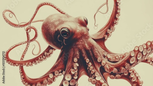 A full-body, realistic drawing of an octopus viewed from above, its tentacles splayed out in every direction, with ample copy space surrounding the illustration on a simple, light background