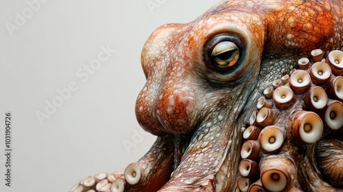 A close-up of an octopus's head and upper tentacles, with meticulous attention to shading and texture, leaving clear copy space in the background for additional design or text