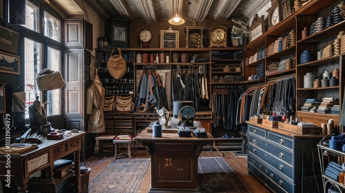 Obraz na płótnie A dimly lit antique shop interior with a tailor's workroom featuring clothing displays, sewing tools, and a mannequin. w salonie
