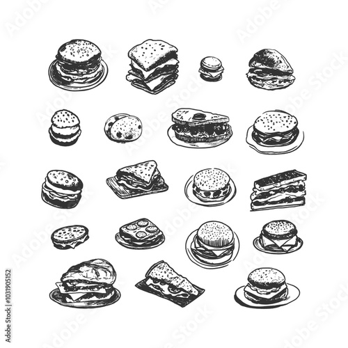 Black and white line art collection featuring various sandwiches, burgers, and snacks. Ideal for fast food menus, culinary projects, or cafe visuals. Hand-Drawn Line Art Collection.