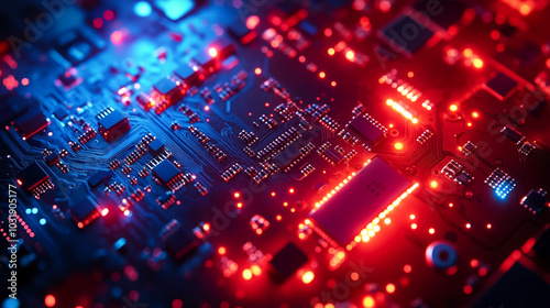 A close up of a circuit board with red and blue lights