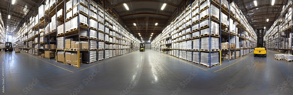 Panoramic view of an industrial warehouse with high shelves, neatly arranged boxes, forklifts in motion, and bright lighting, showcasing storage technology and interior design. Panoramic view of an industrial warehouse with high shelves, neatly arranged boxes, forklifts in motion, and bright lighting, showcasing storage technology and interior design.