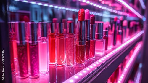 Vivid Makeup Arrangement Featuring Neon Lip Colors Graphic Eyeliners GlitterPacked Highlighters Artfully Positioned Glowing LED Shelves for a Striking Visual Experience photo