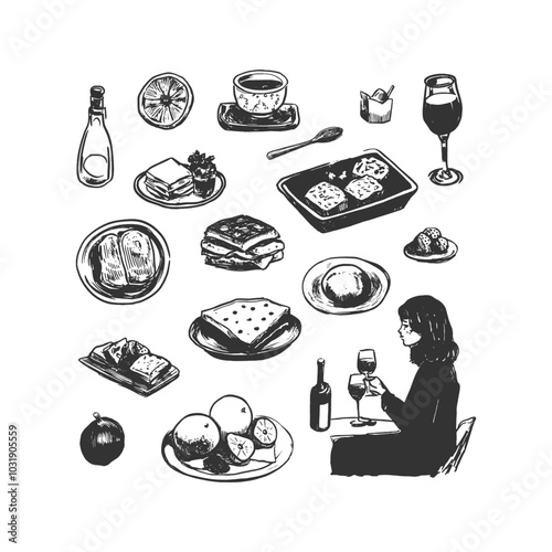 Hand-Drawn Food and Drink Collection with Wine and Snack Assortment. Black-and-white hand-drawn illustration featuring a variety of foods and drinks, including wine, sandwiches, fruits, and desserts.