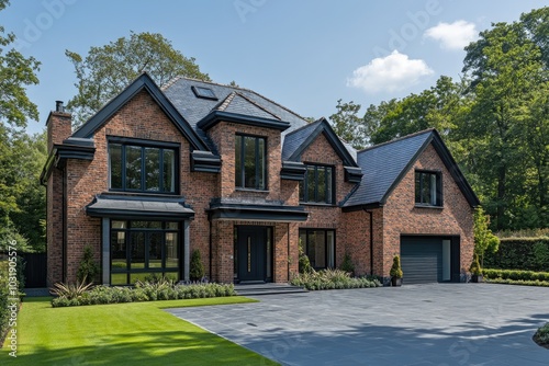 Beautiful new luxury home exterior showing brickwork, slate roof, garage and garden