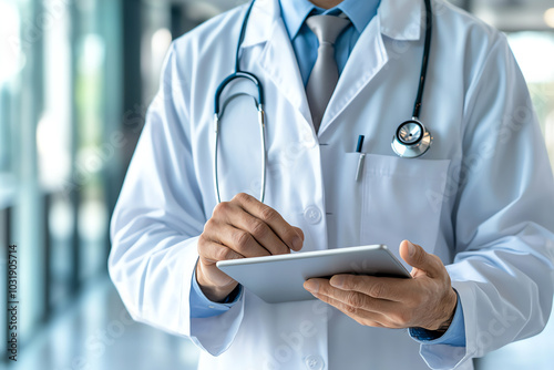 A front view of an AIpowered robot assisting a doctor in diagnosing a patient using medical data on a tablet