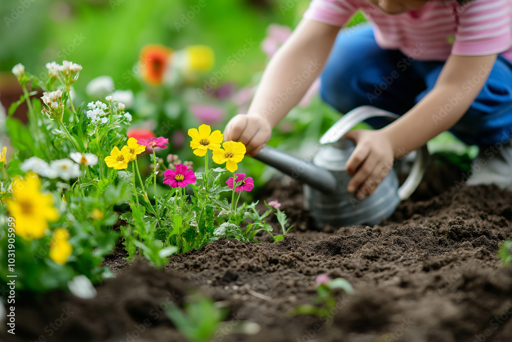 Fototapeta premium A young child is watering flowers in a garden