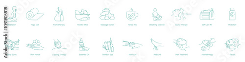 Meditation, Yoga Mat, Aromatherapy, Healthy Meal, Massage Stone, Herbal Tea, Breathing Exercises, Sound Therapy, Self-Care Kit, Hydration, Body Scrub, Reiki Hands, Cupping Therapy, Essential Oil icons