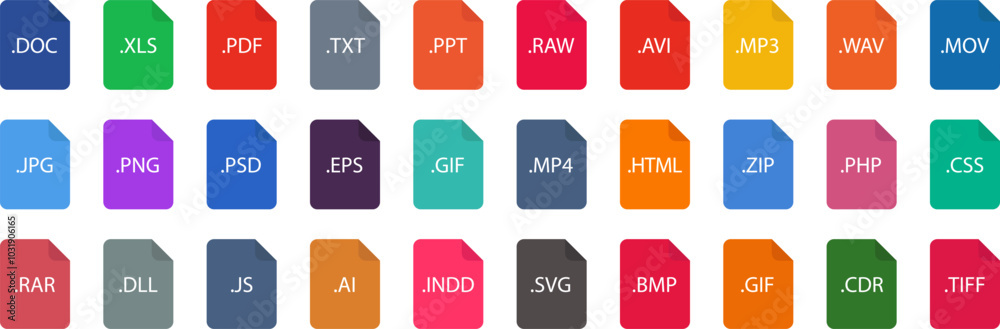 List of Document File Types and Extensions. Set of pdf, doc, jpg, xls ...