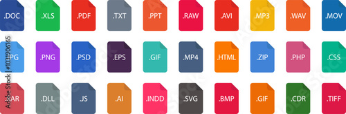 List of Document File Types and Extensions. Set of pdf, doc, jpg, xls, zip. Graphic templates for ui. Common Types of File Formats.