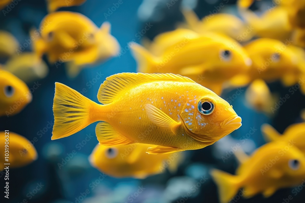 Yellow fish swimming in aquarium with blurred school in background Yellow fish swimming in aquarium with blurred school in background