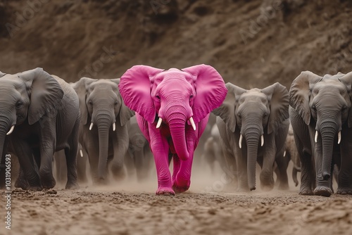 A striking pink elephant stands out among a herd of grey elephants on a dusty terrain. Symbolizing individuality, uniqueness, and distinctiveness photo